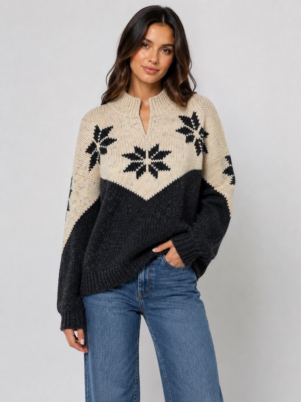 Vintage 80s 90s BADGE Wool Blend Snowflake Sweater M Black Cream Speckled Nordic